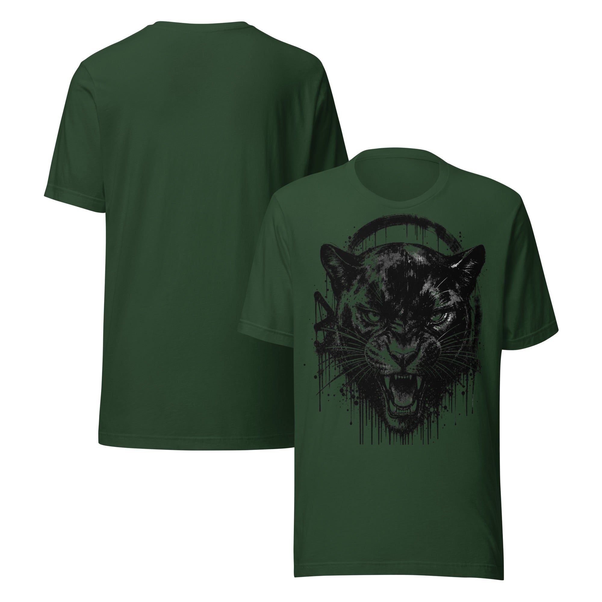 Men's panther ink splatter T-shirt, forest green, front/back with panther graphic