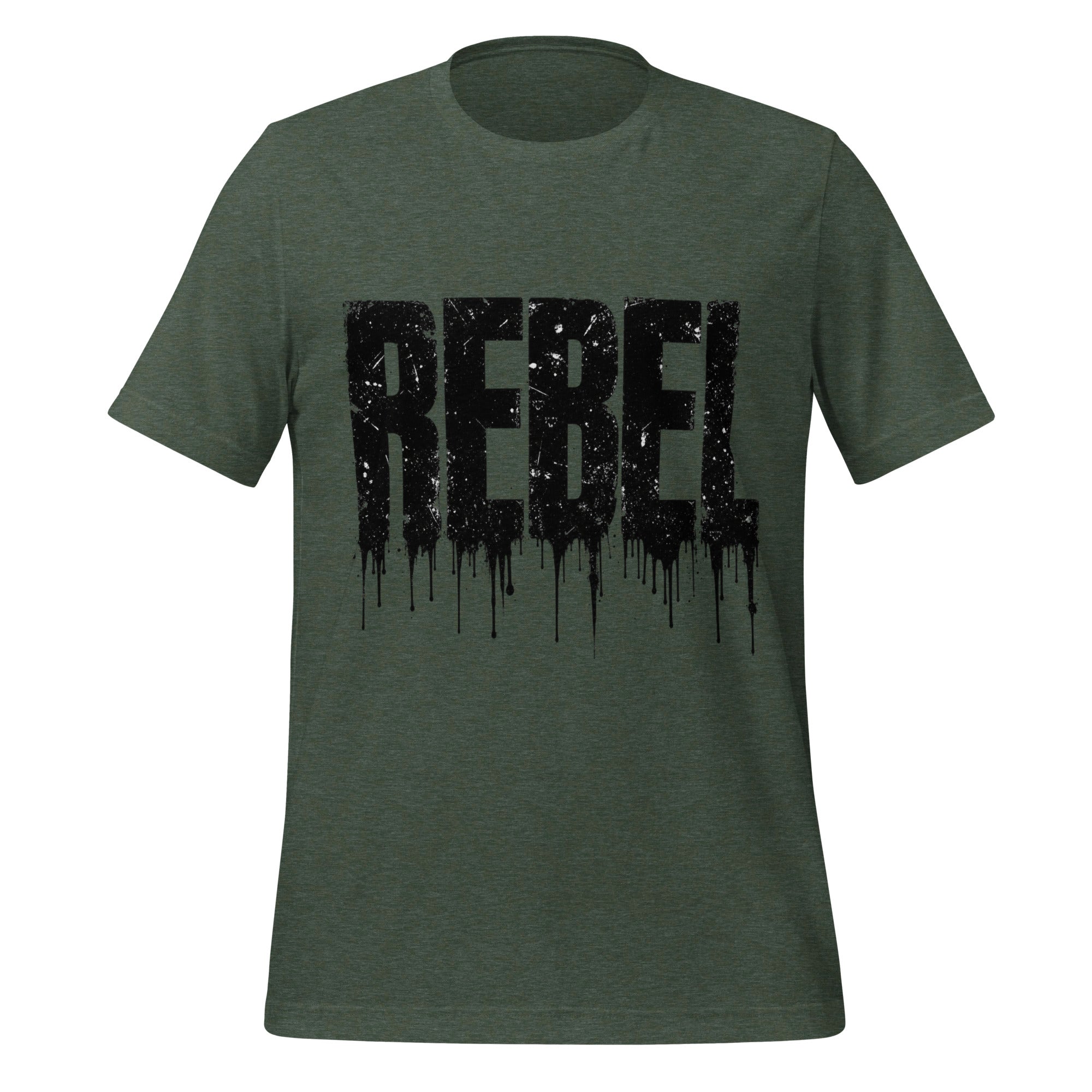Heather green women's t-shirt with REBEL dripping graphic across the back.