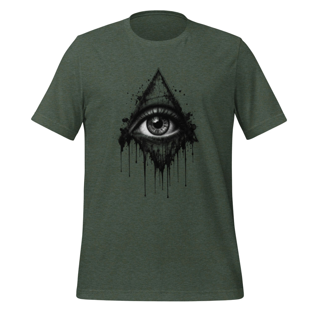 Heather forest unisex graphic t-shirt with all-seeing eye splash print on back, crew neck.