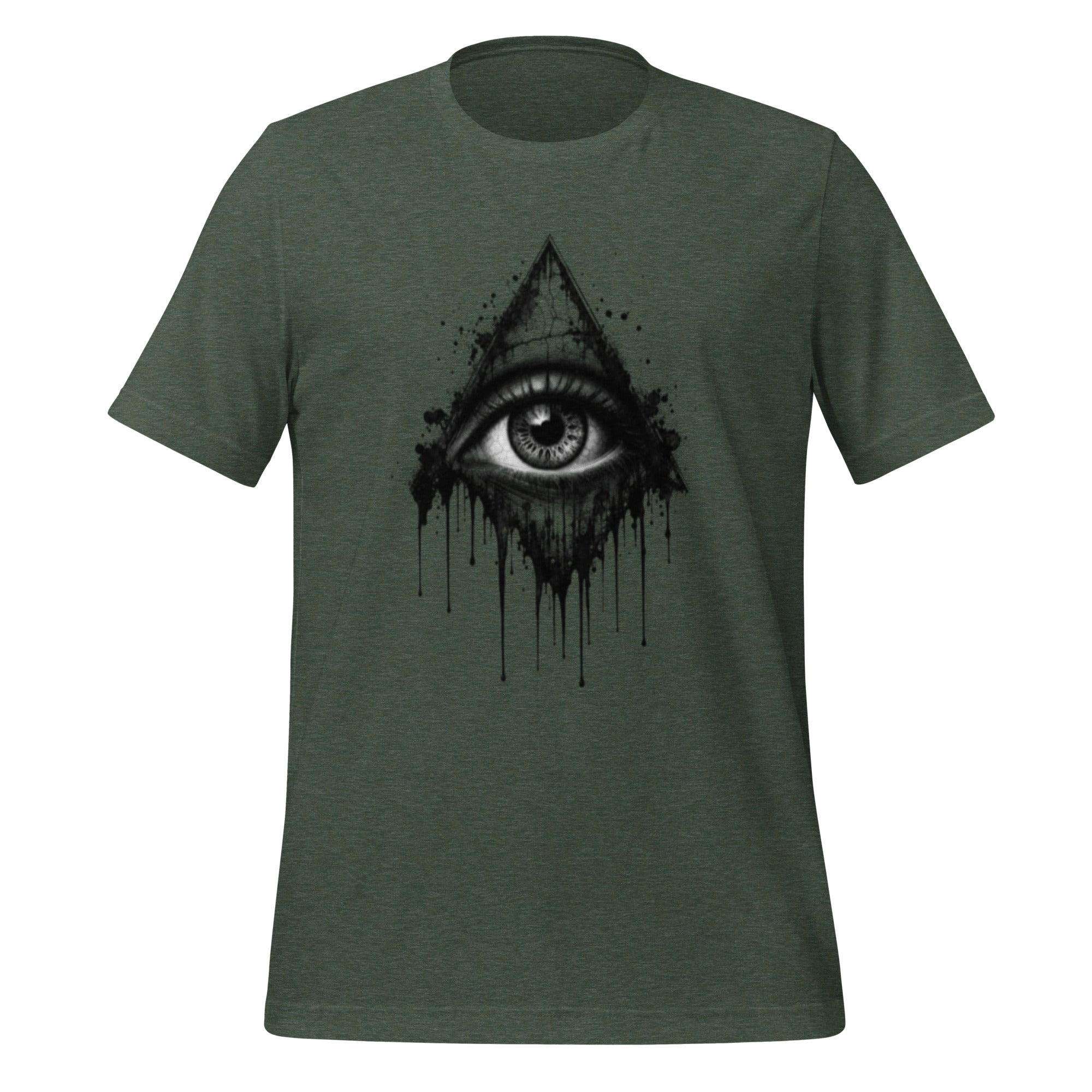 Heather forest unisex graphic t-shirt with all-seeing eye splash print on back, crew neck.
