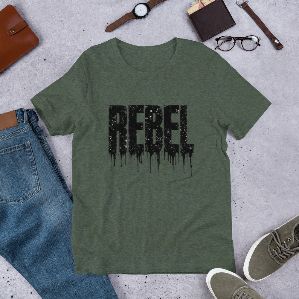 Heather forest men's graphic T-shirt with Rebel logo and ink-splash dripping print