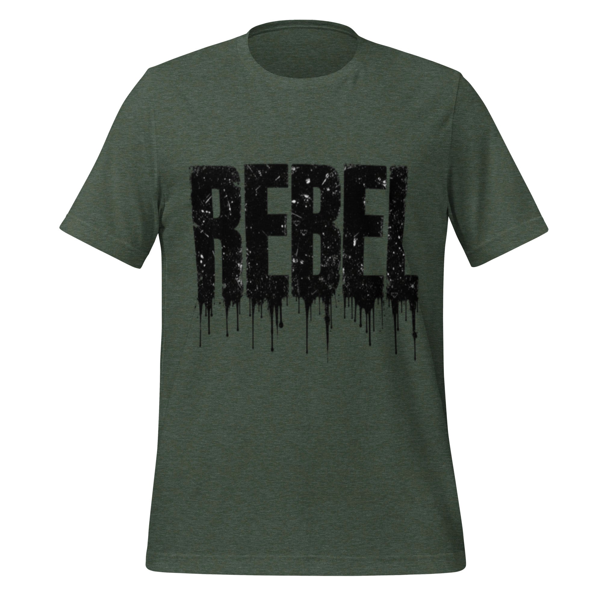 Heather forest unisex graphic T-shirt with REBEL ink splash dripping print on chest