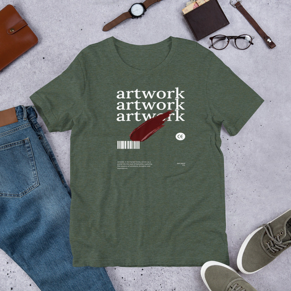 Men's graphic T-shirt, military green, crew neck, front red brushstroke artwork print