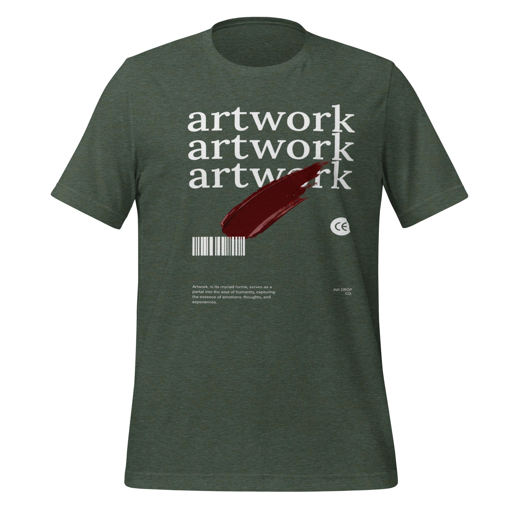 Men's graphic T-shirt, heather forest green, crew neck, front red brushstroke artwork print