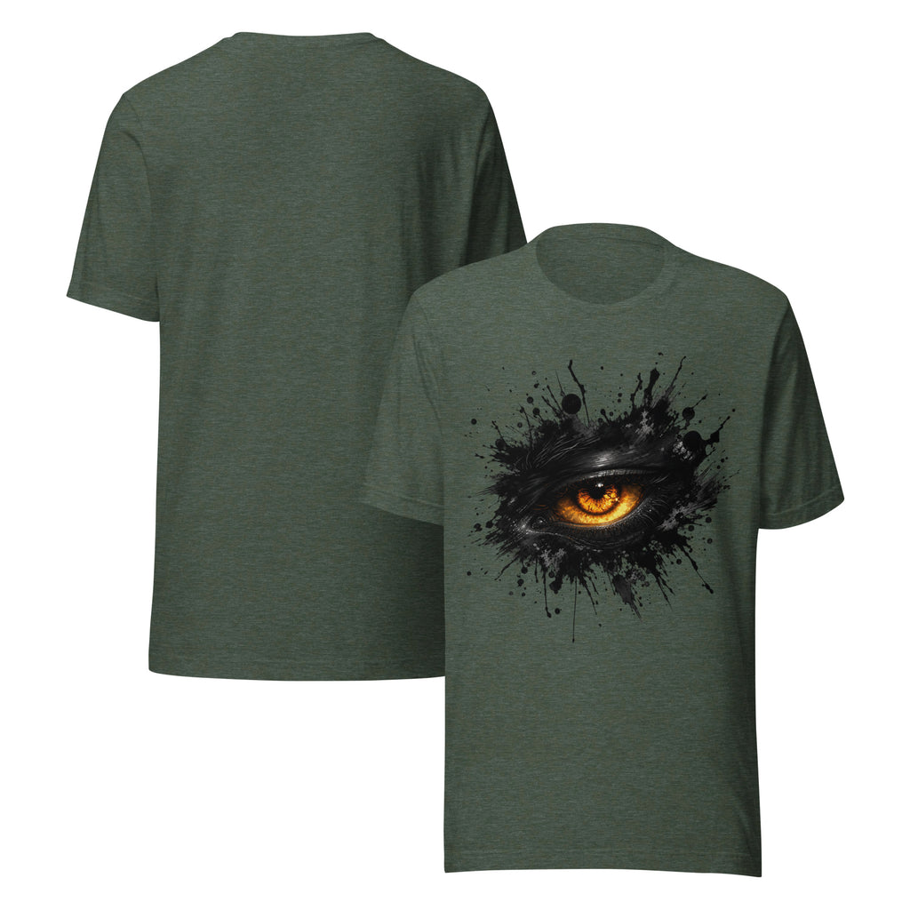Heather forest unisex T-shirt with glowing eye splash graphic on the front