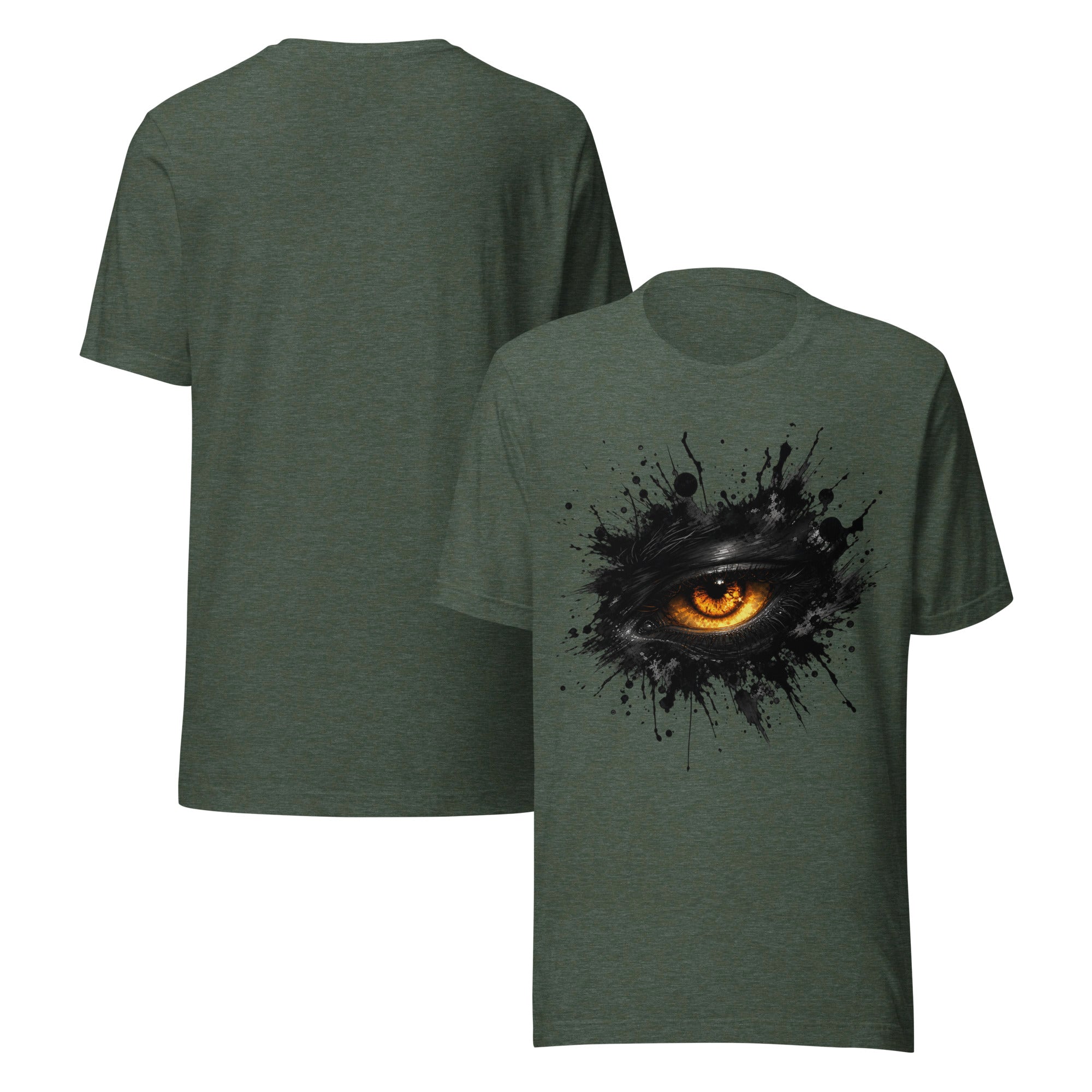 Heather forest unisex T-shirt with glowing eye splash graphic on the front