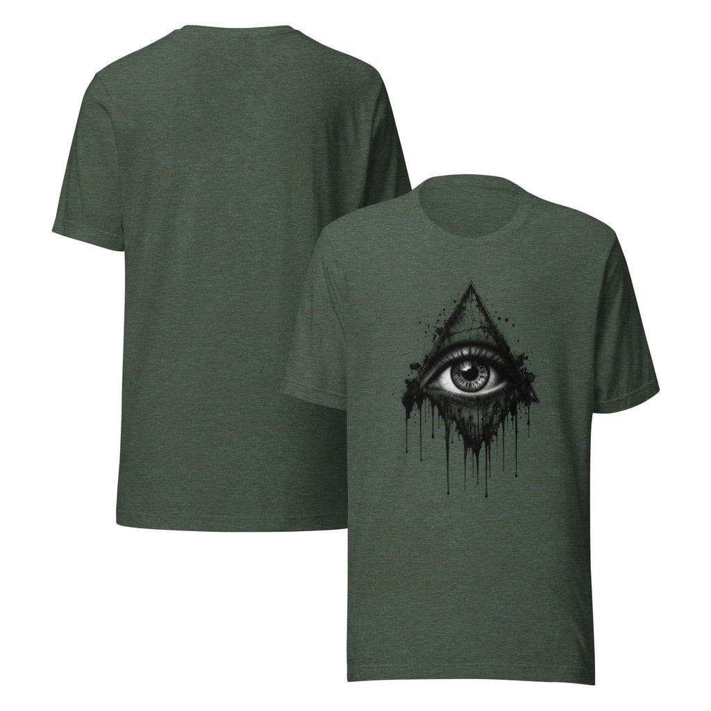 Heather green men’s graphic T-shirt with all-seeing eye face and drip details