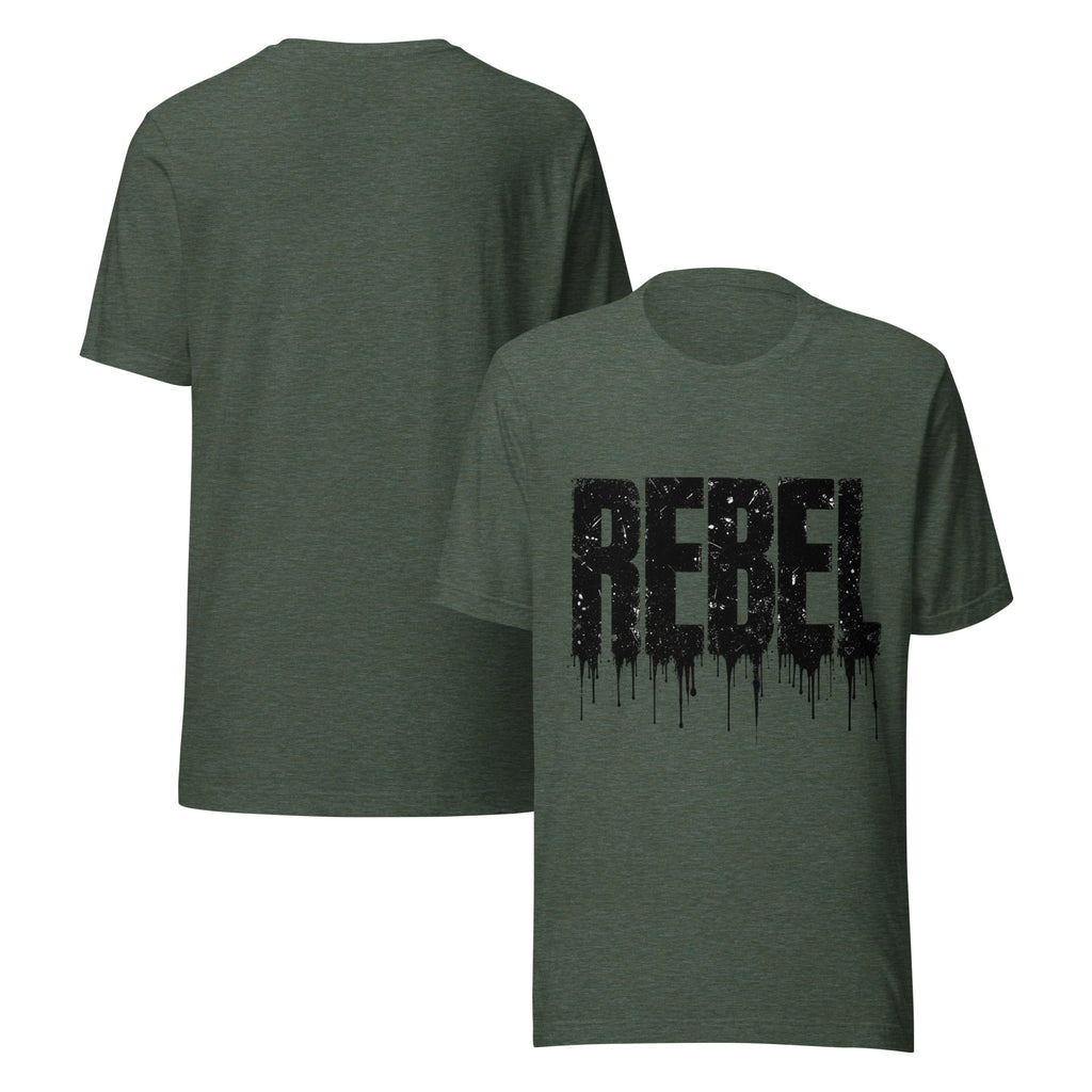 Heather green women's graphic t-shirt with REBEL dripping text, crew neck, short sleeves.