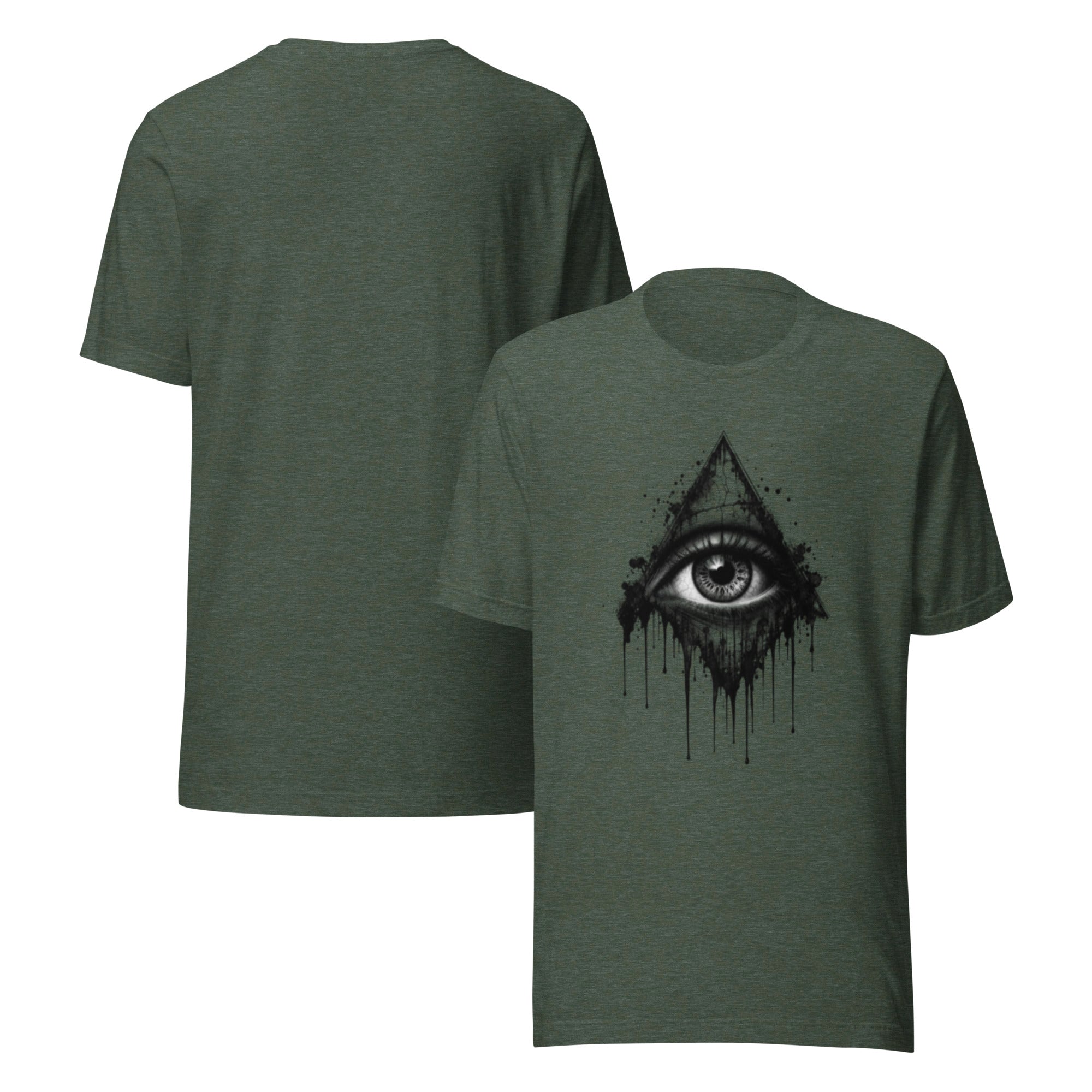 Heather forest unisex graphic t-shirt with all-seeing eye splash print, crew neck.