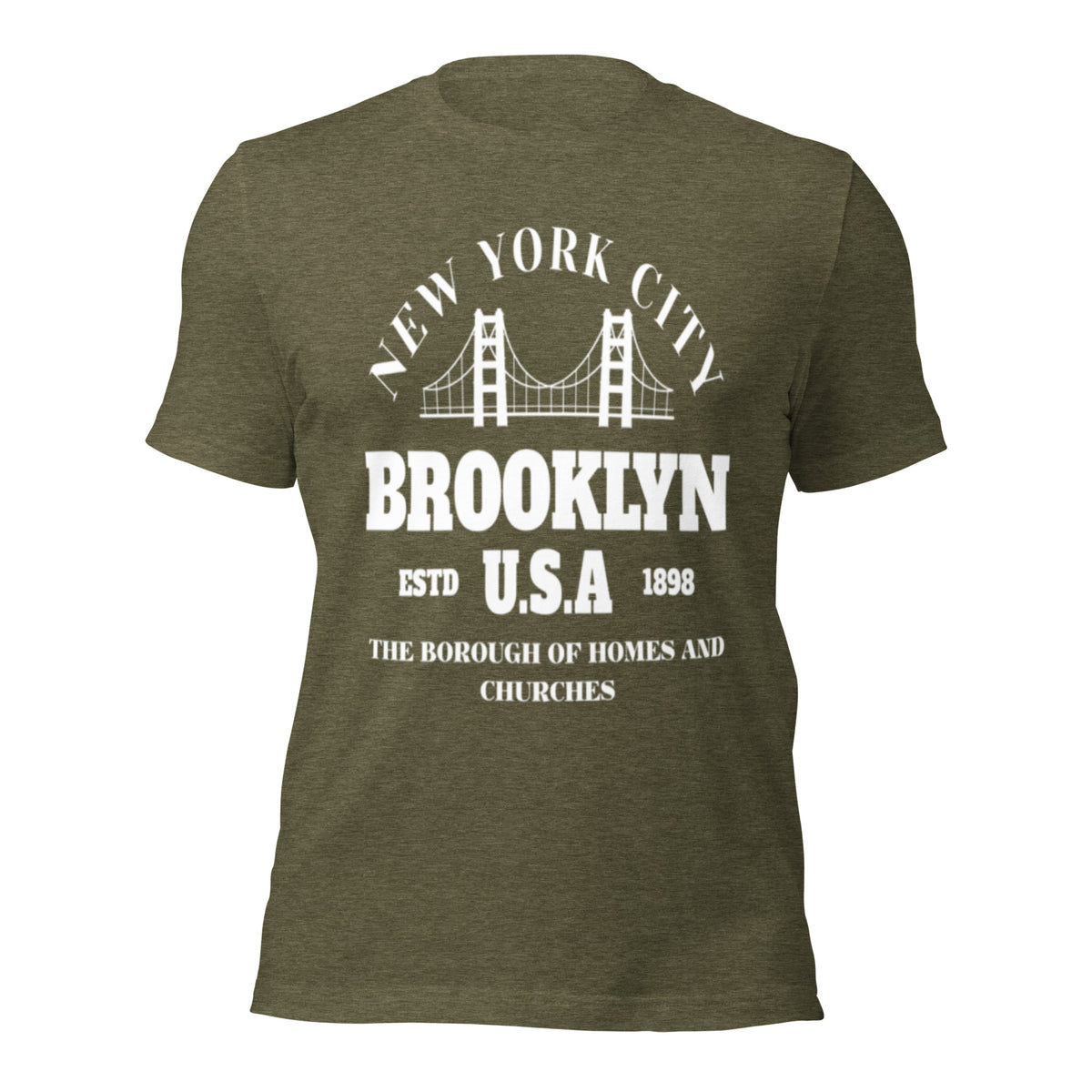Women's heather olive graphic tee with white Brooklyn city print on front