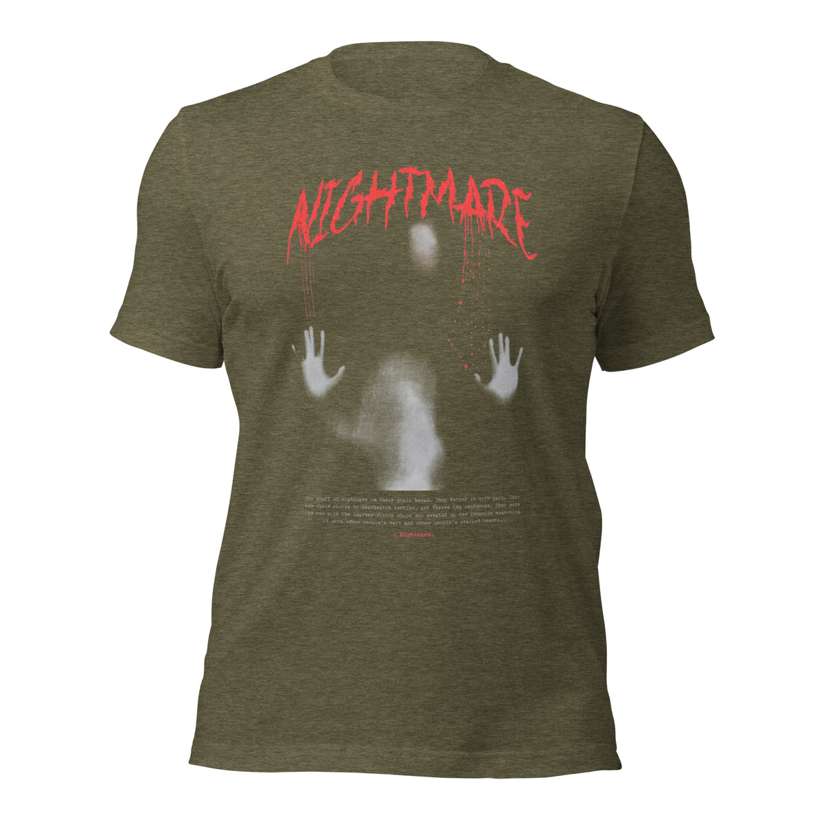 Women's nightmare graphic tee, olive green, back print with red logo and ghost hands