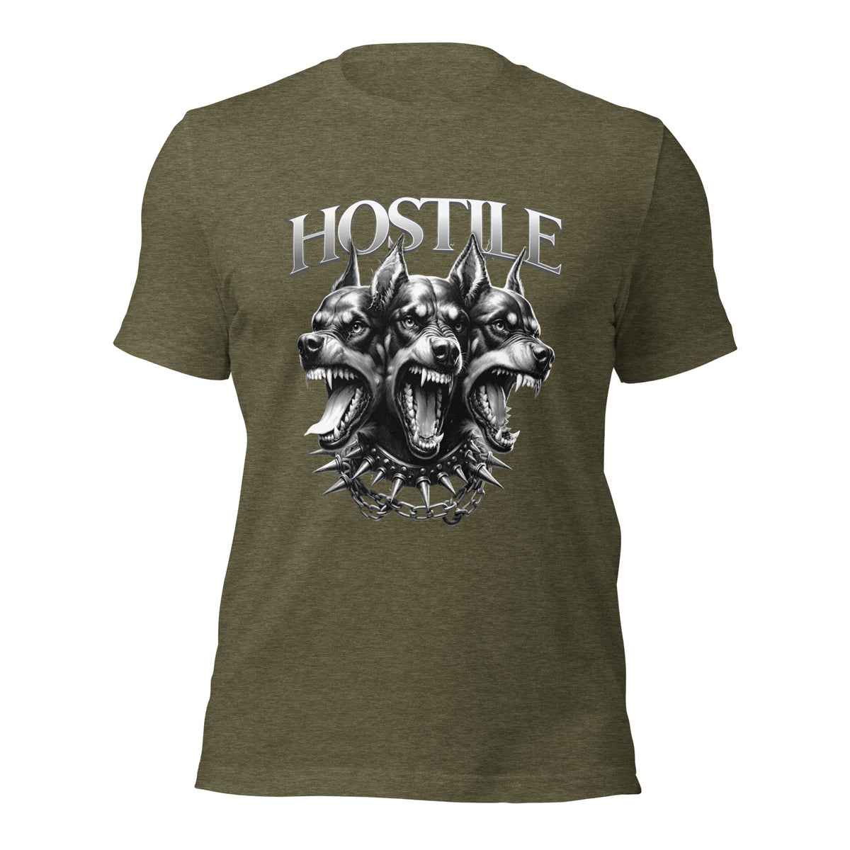 Women's olive graphic tee, back Hostile dog head logo print