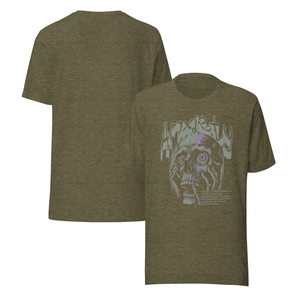 Women’s heather olive anxiety graphic T-shirt with dog/skull face print, front and back