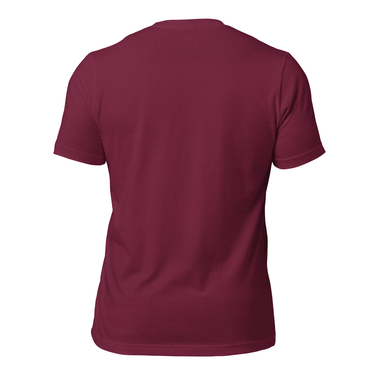 Maroon unisex T-shirt, plain back view with short sleeves and crew neckline