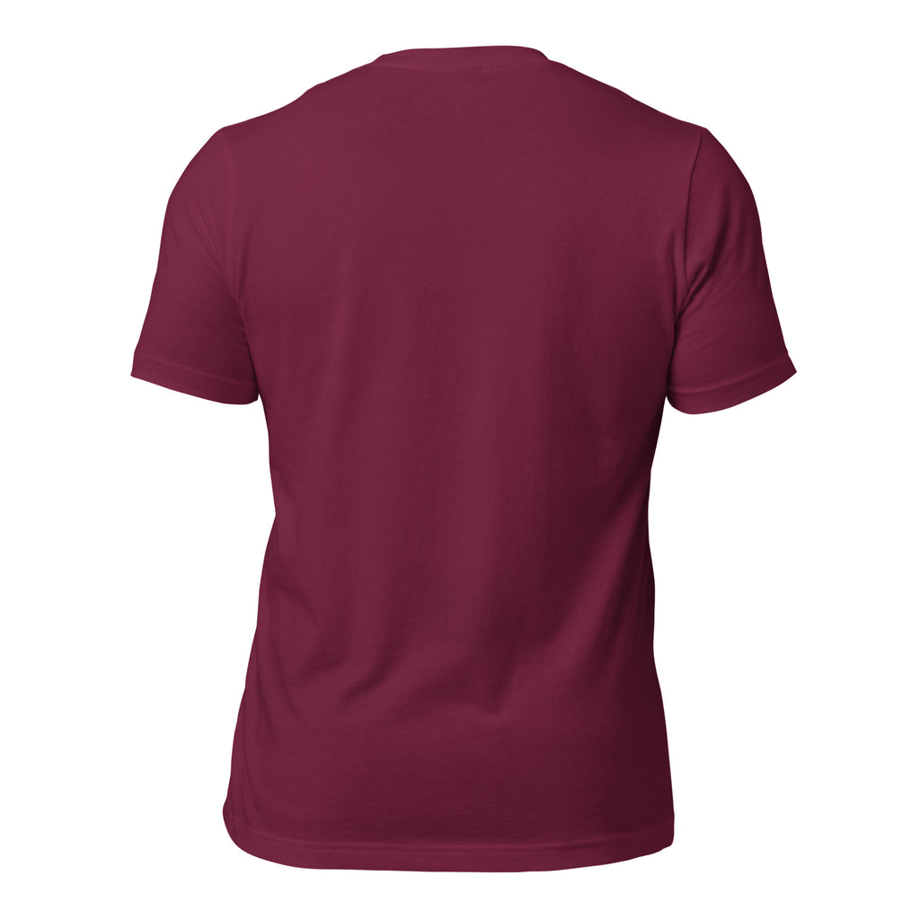 Maroon unisex graphic tee back view, plain solid
