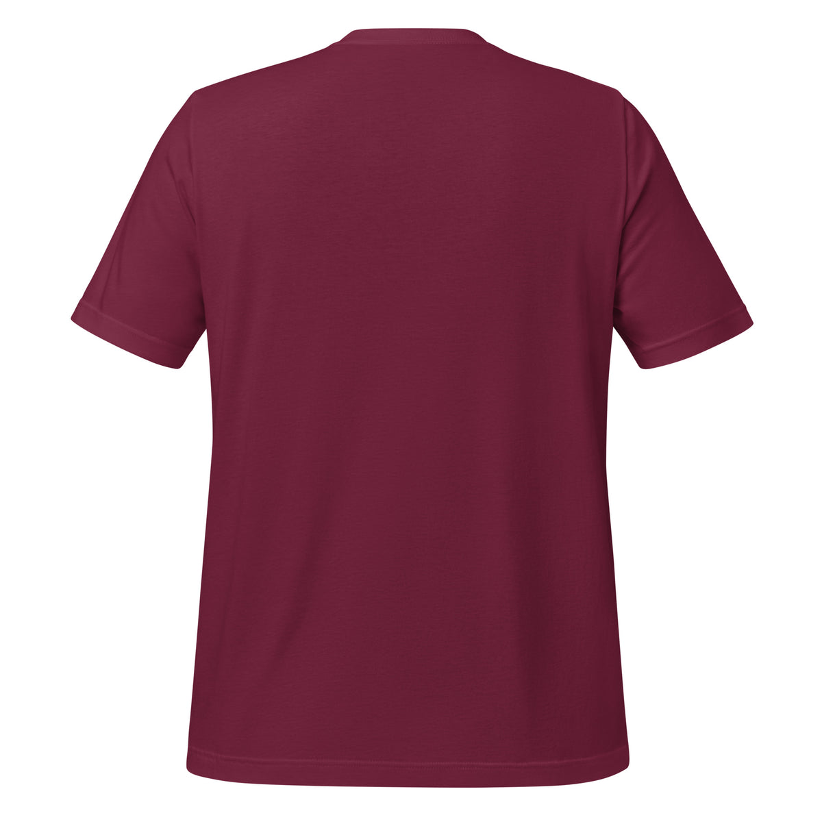 Maroon unisex graphic tee, plain back view, short sleeves.