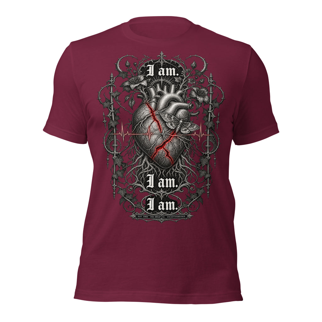 Unisex graphic T-shirt in maroon, front heart artwork with red lines and “I am” text