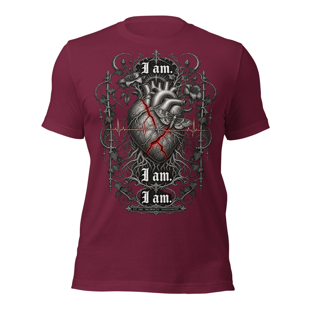 Unisex graphic T-shirt in maroon, front heart artwork with red lines and “I am” text