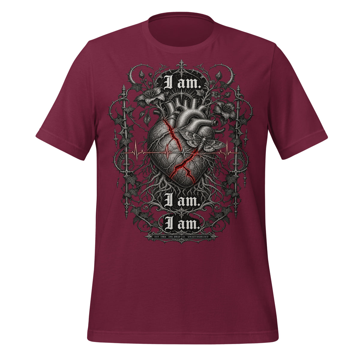 Unisex graphic T-shirt in maroon, front heart design with red lines and “I am” text