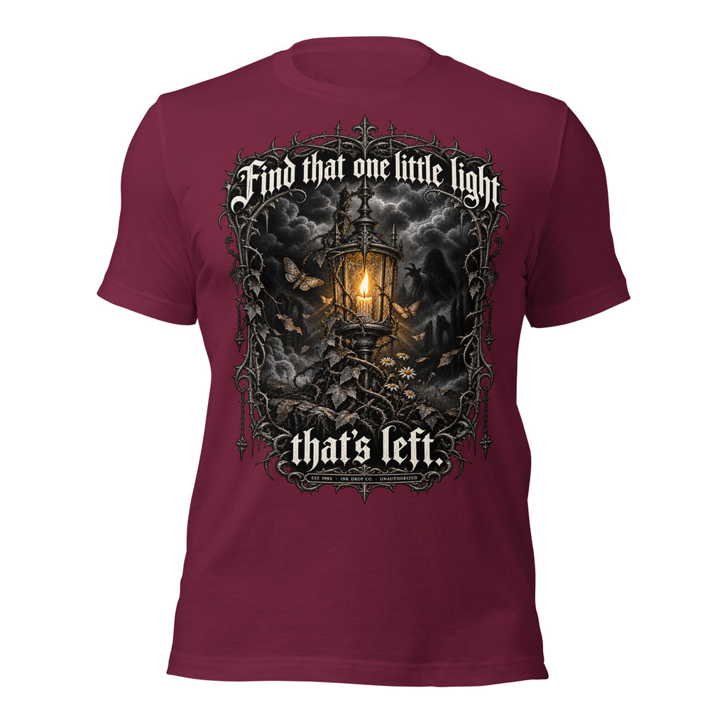 Unisex maroon graphic T-shirt with back print of glowing lantern and gothic lettering