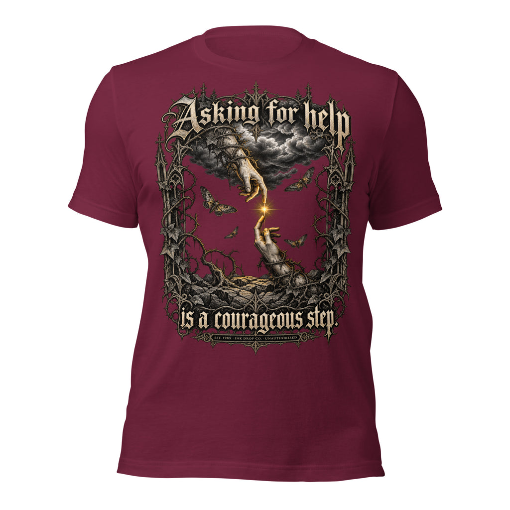 Maroon unisex graphic tee back print with fantasy angel-wolf artwork