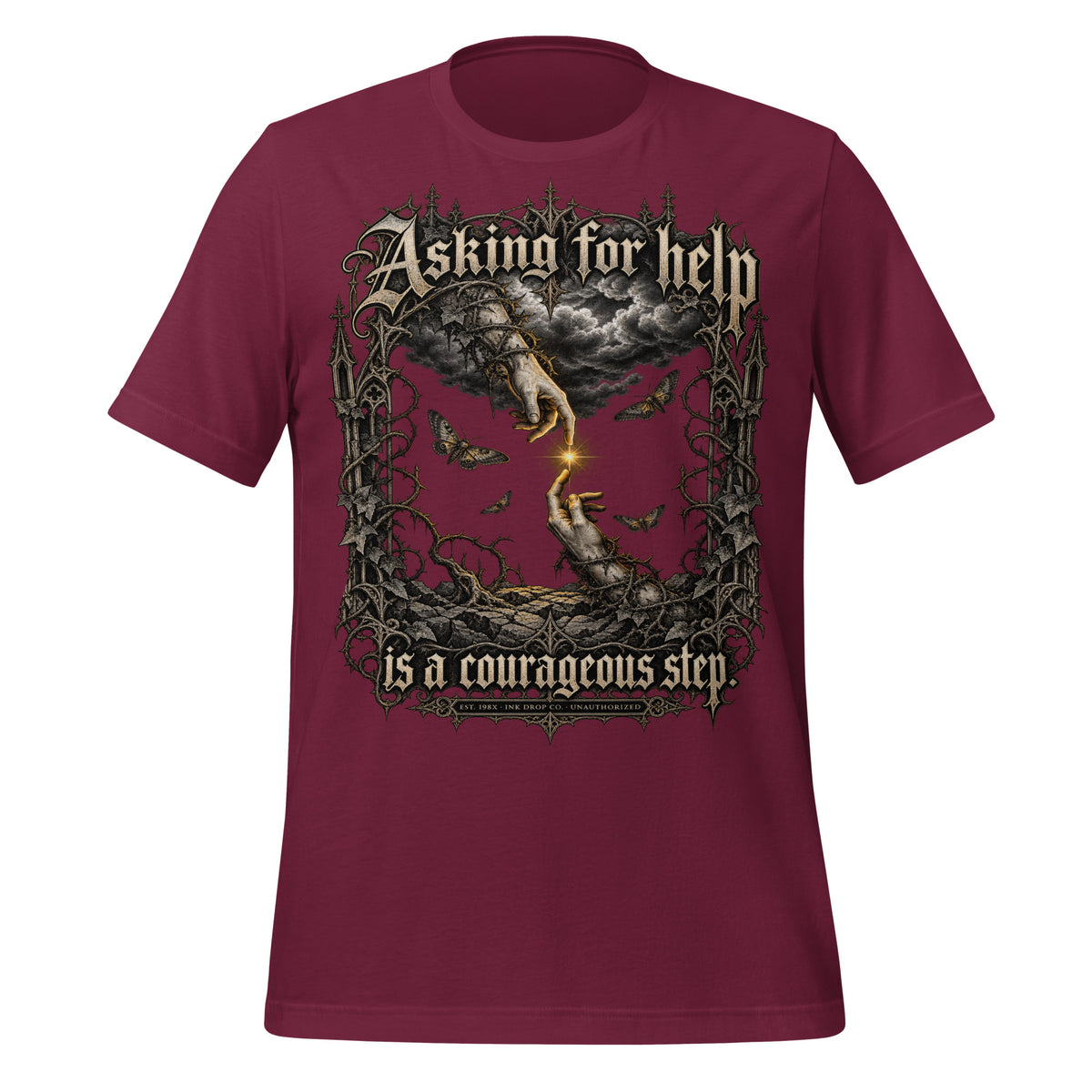 Maroon unisex graphic tee with front fantasy wolf rider print
