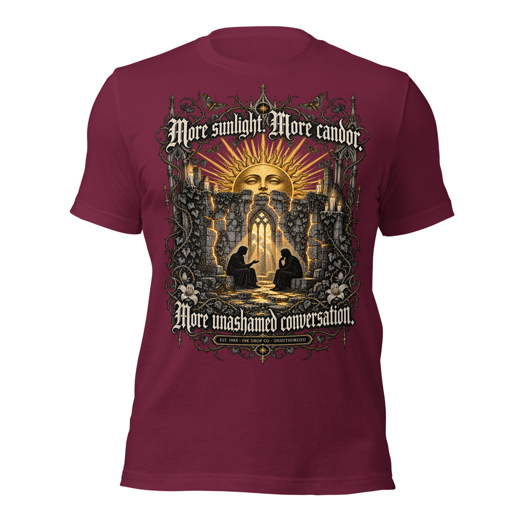 Maroon unisex graphic tee with gold-and-copper church scene back print