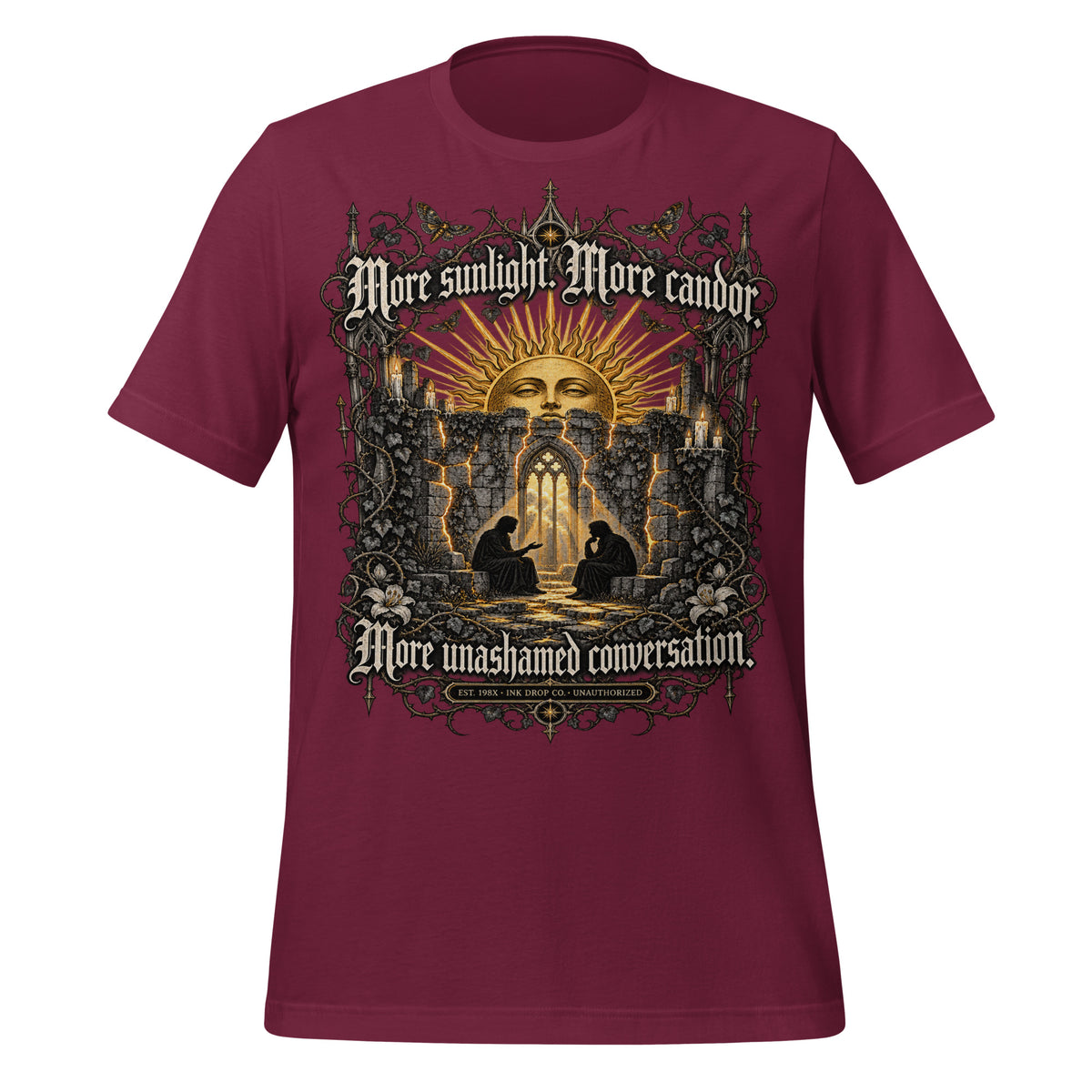 Maroon unisex graphic tee with gold-and-copper church scene front print