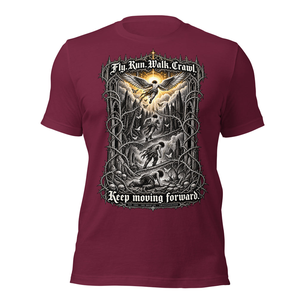 Maroon unisex graphic tee with front print of eagle and fantasy scene, short sleeves.