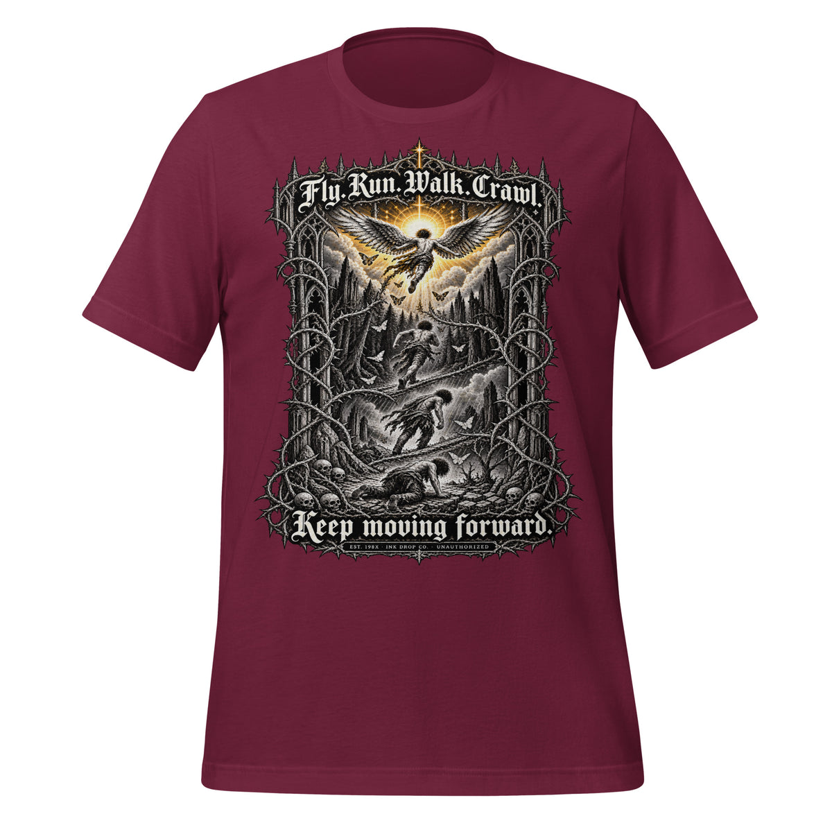 Maroon unisex graphic tee with front print of eagle and vintage-style text, short sleeves.
