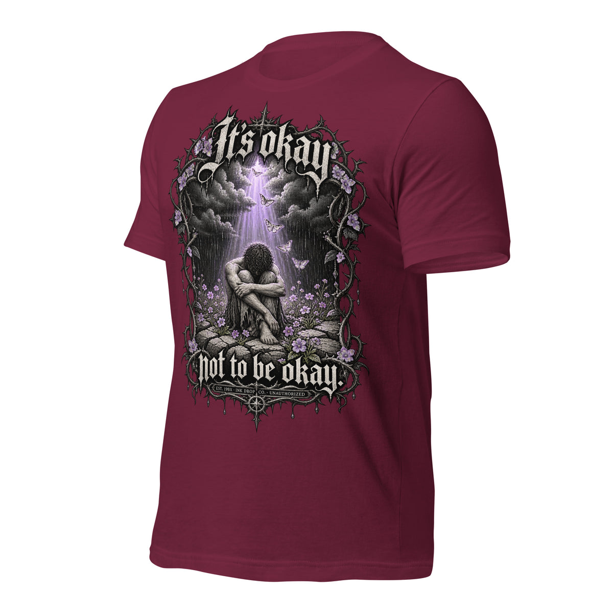 Maroon unisex graphic tee with back print featuring gothic angel and text