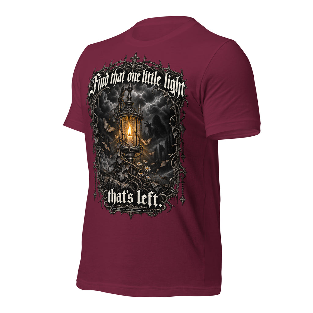 Maroon unisex graphic t-shirt, back print with lantern and winged design