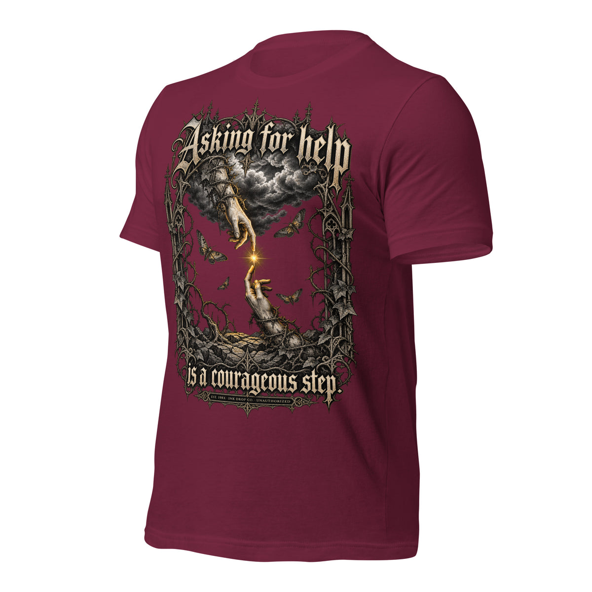 Maroon unisex graphic tee, back print with dragon and ornate text