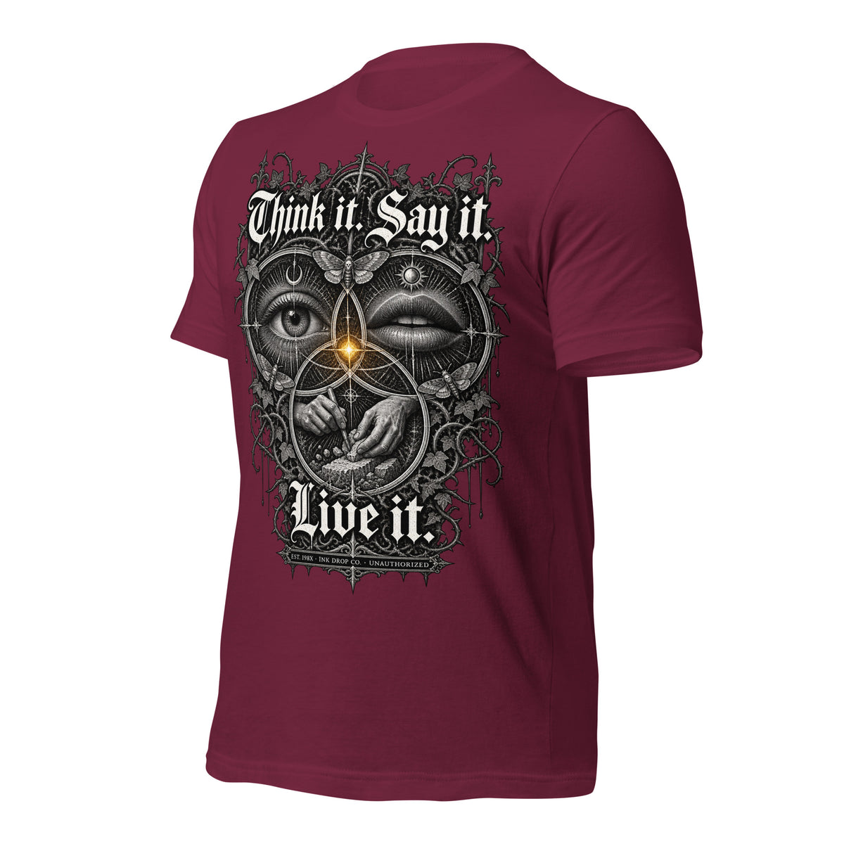 Maroon unisex graphic tee with back skull eye hand print