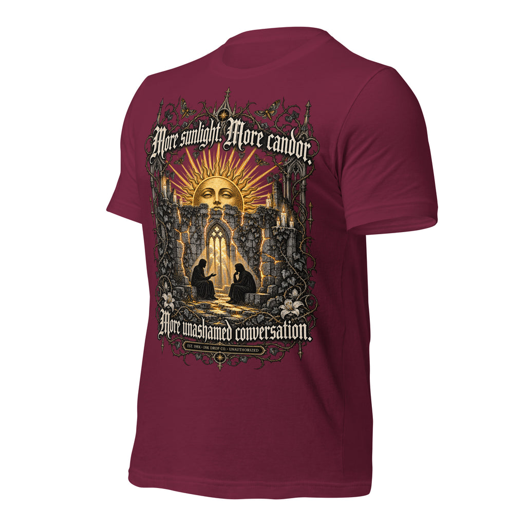 Maroon unisex graphic T-shirt with large back print and short sleeves