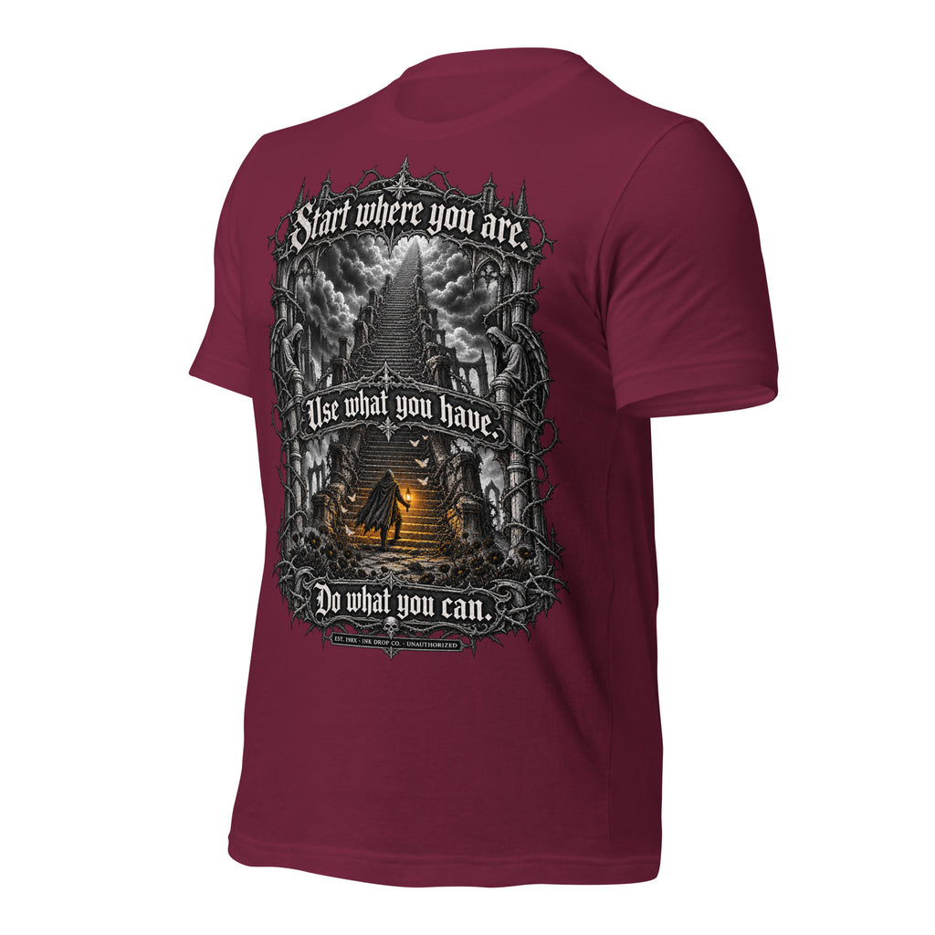 Maroon unisex graphic tee, back print with fantasy castle and text