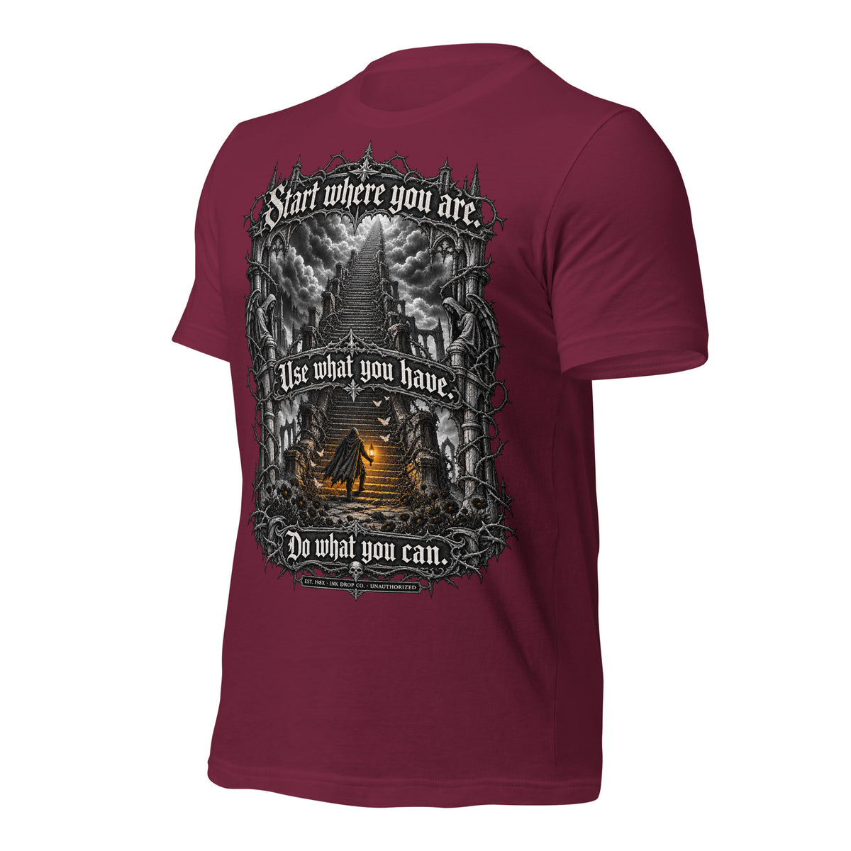 Maroon unisex graphic tee, back print with fantasy castle and text