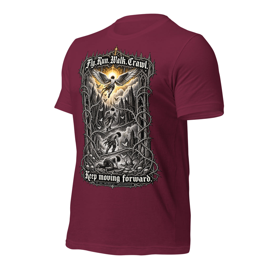 Maroon unisex graphic tee with eagle and text on back