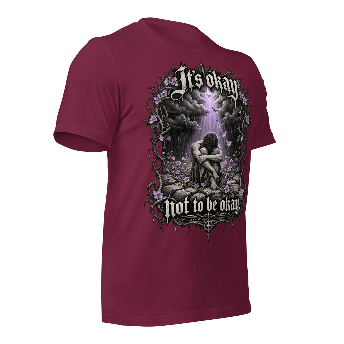 Maroon unisex graphic tee with front print featuring gothic angel and wings