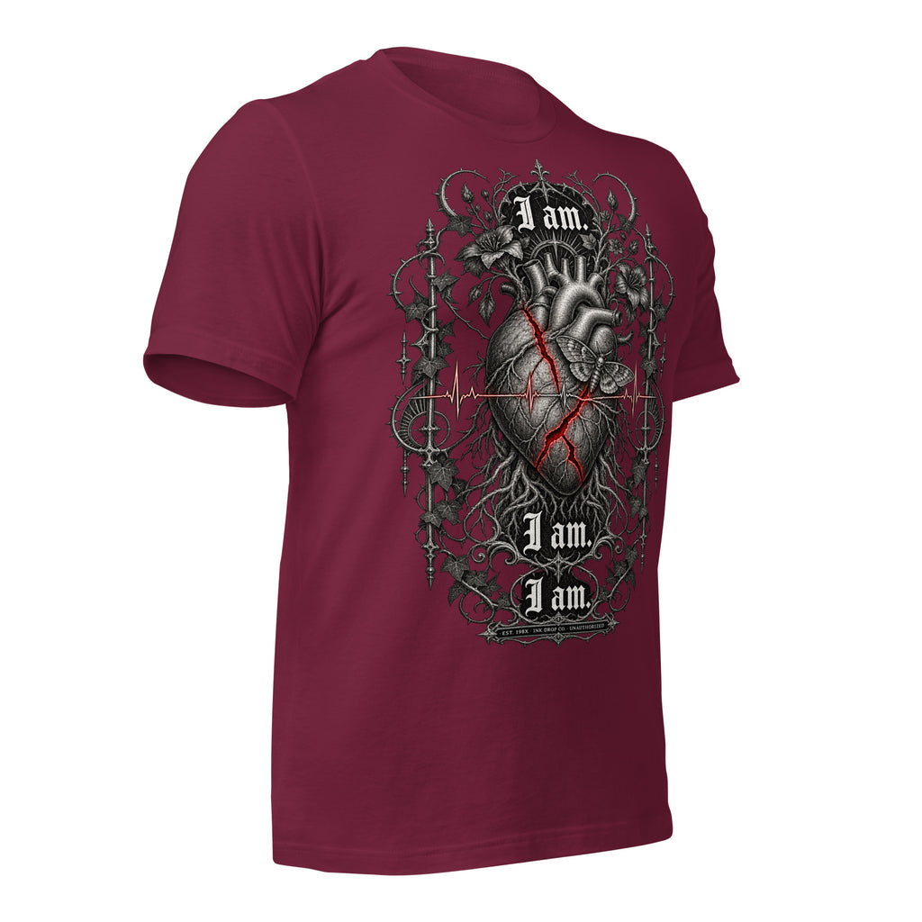 Maroon unisex graphic tee, front print of gray heart with red crack lines