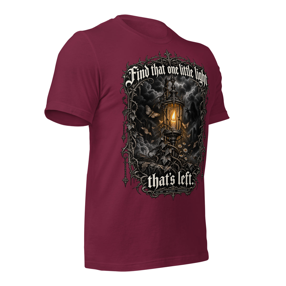 Maroon unisex graphic t-shirt, front chest lantern graphic with text