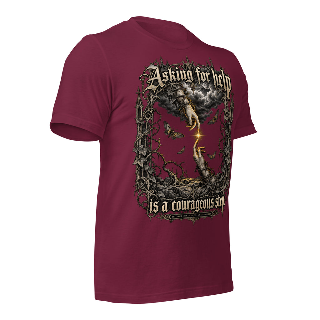 Maroon unisex graphic tee, large back graphic with dragon and ornate lettering