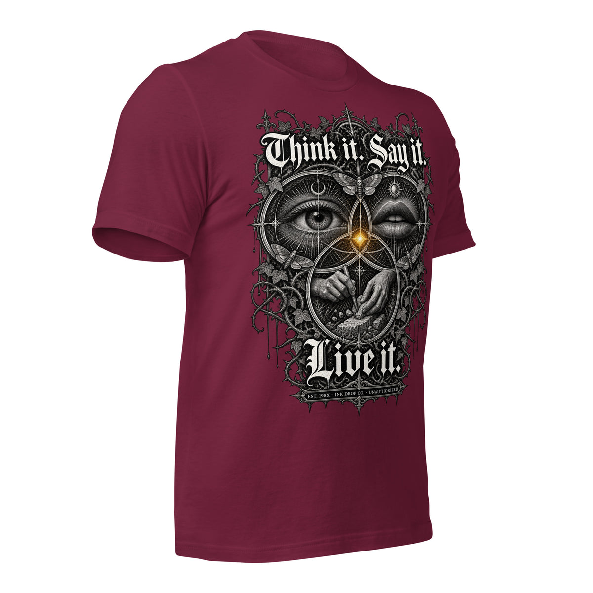 Maroon unisex graphic tee with front skull eye hand graphic