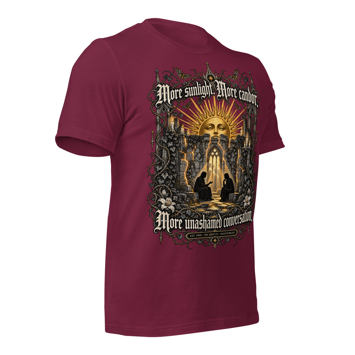 Maroon unisex graphic T-shirt with large front print and short sleeves