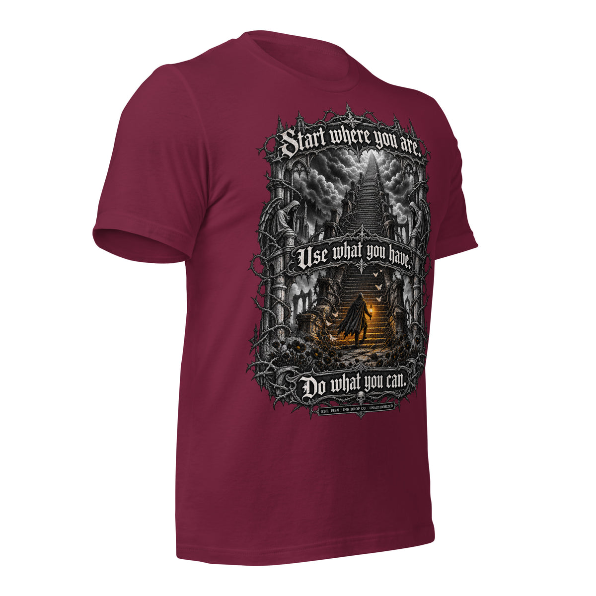 Maroon unisex graphic tee, front print with fantasy castle and quote text