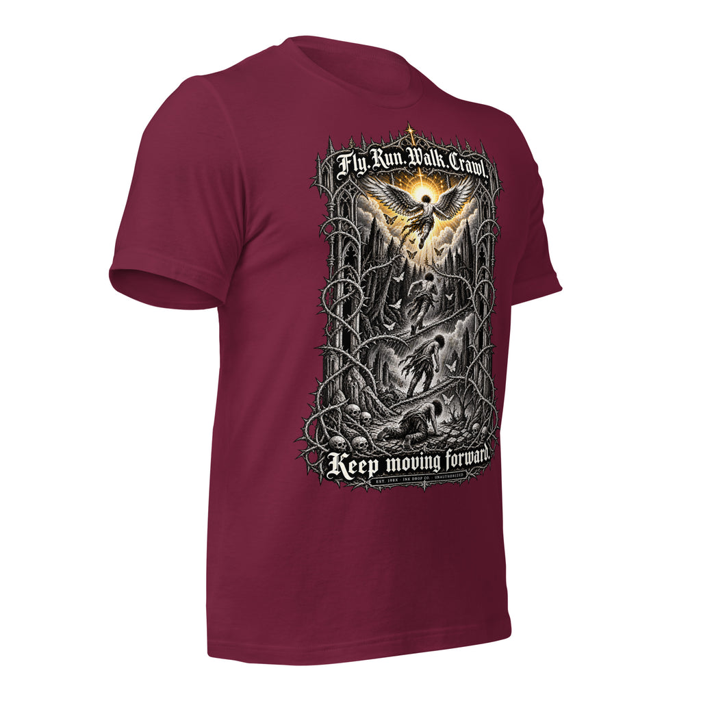 Maroon unisex graphic tee with eagle graphic and Keep moving forward print