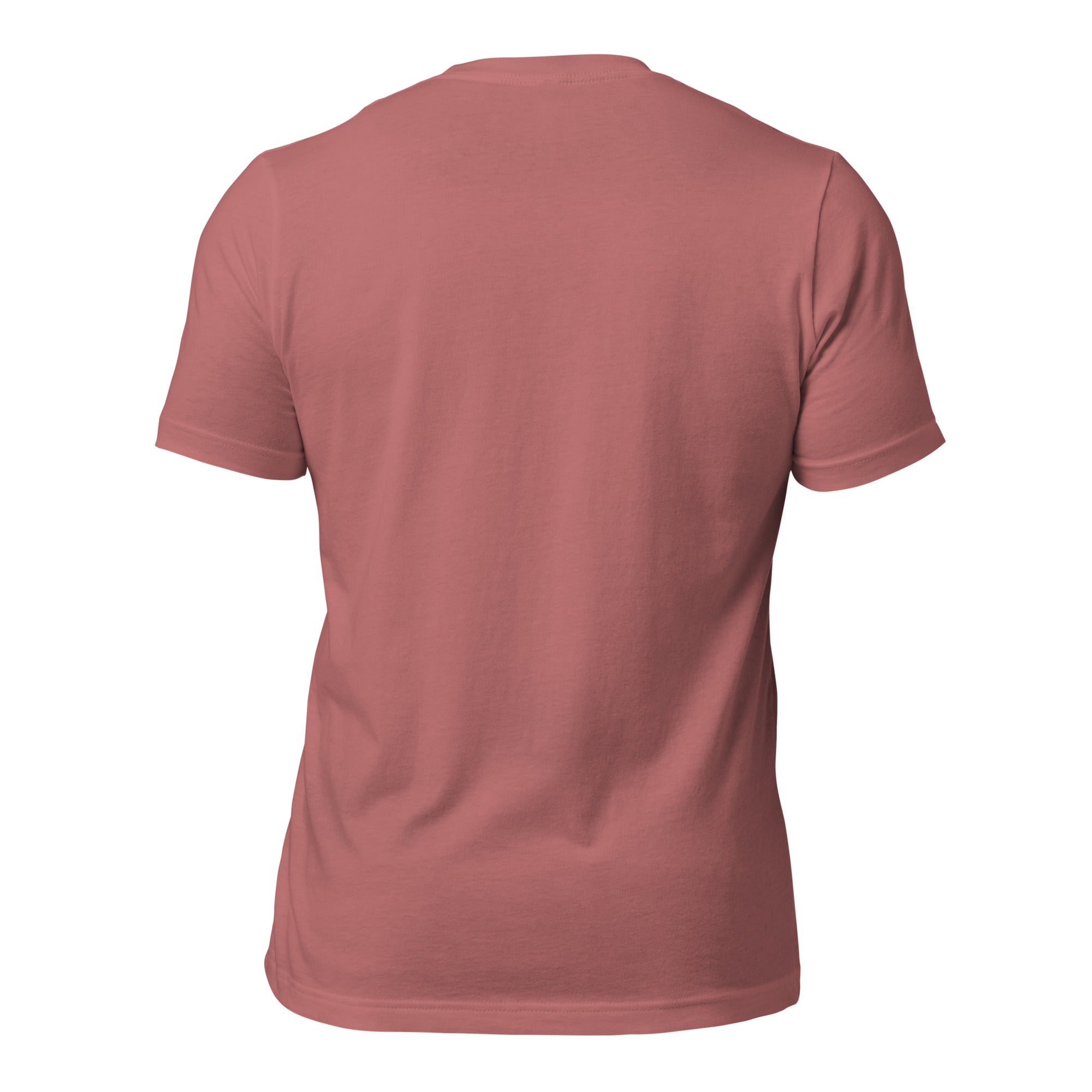 Unisex graphic T-shirt in mauve, plain back with crew neck and short sleeves.