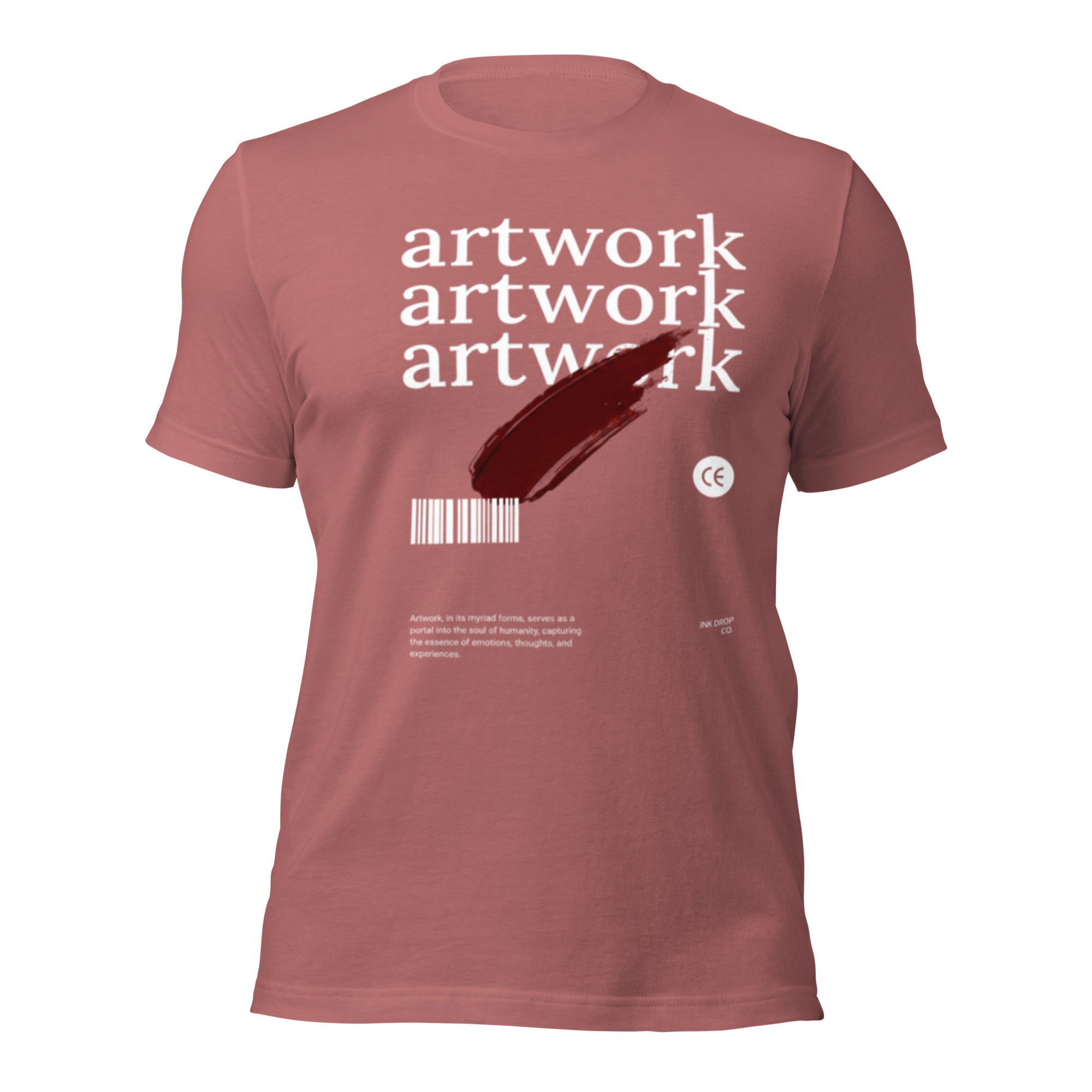 Unisex graphic T-shirt in mauve, front view with white artwork text and red brushstroke.