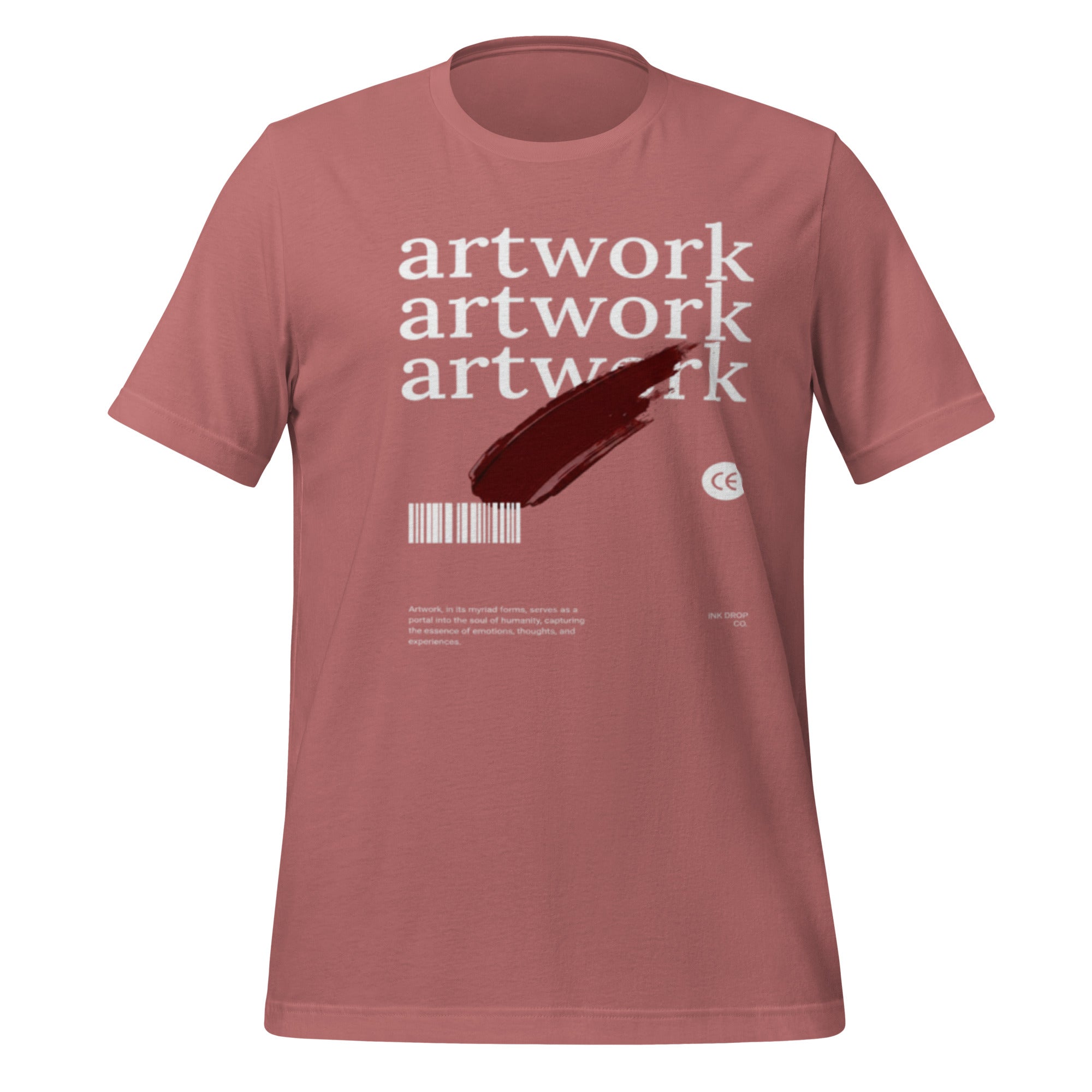 Unisex graphic T-shirt in mauve with artwork graphic and barcode on front.