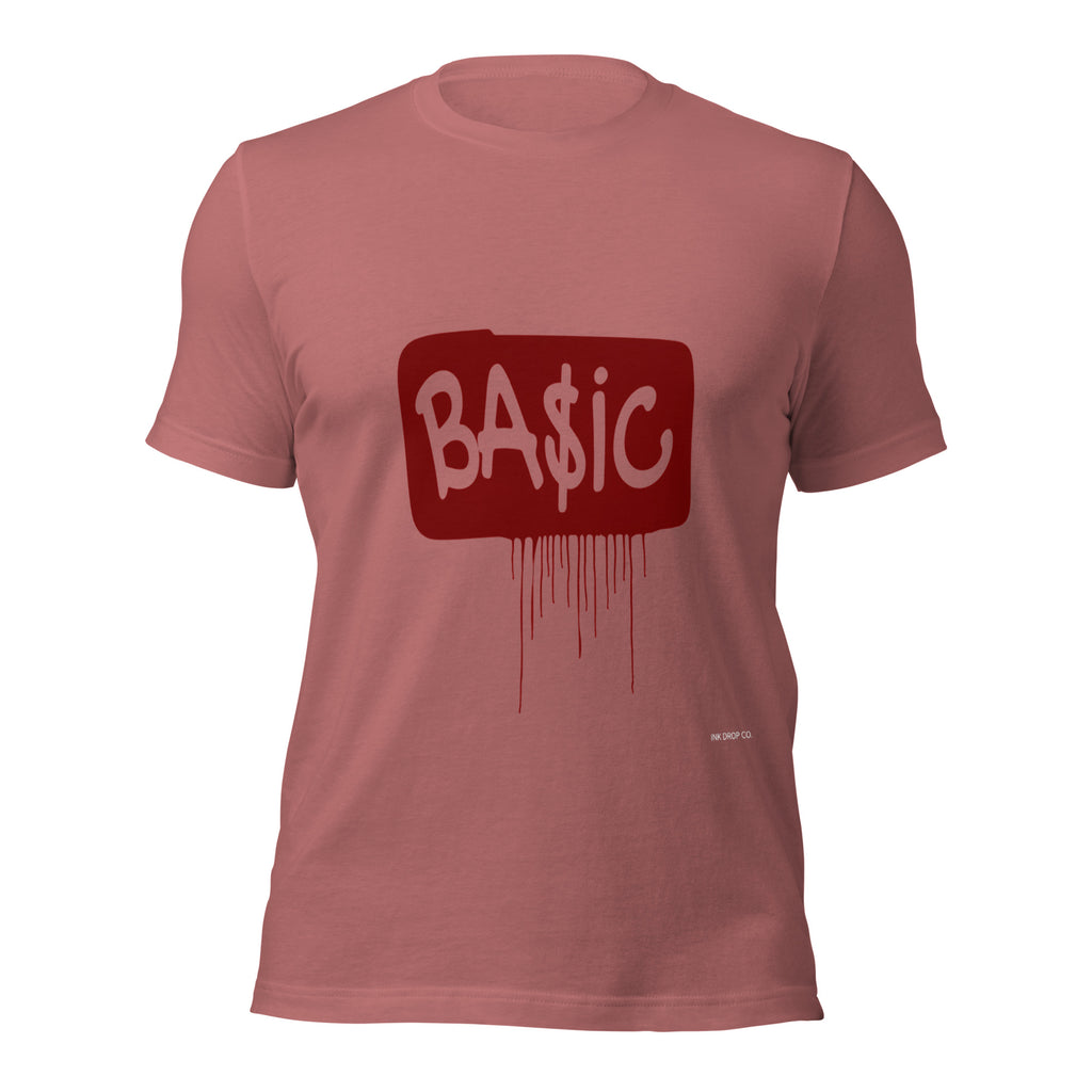 Mauve women’s graphic t-shirt with red BA$ic square logo and drips
